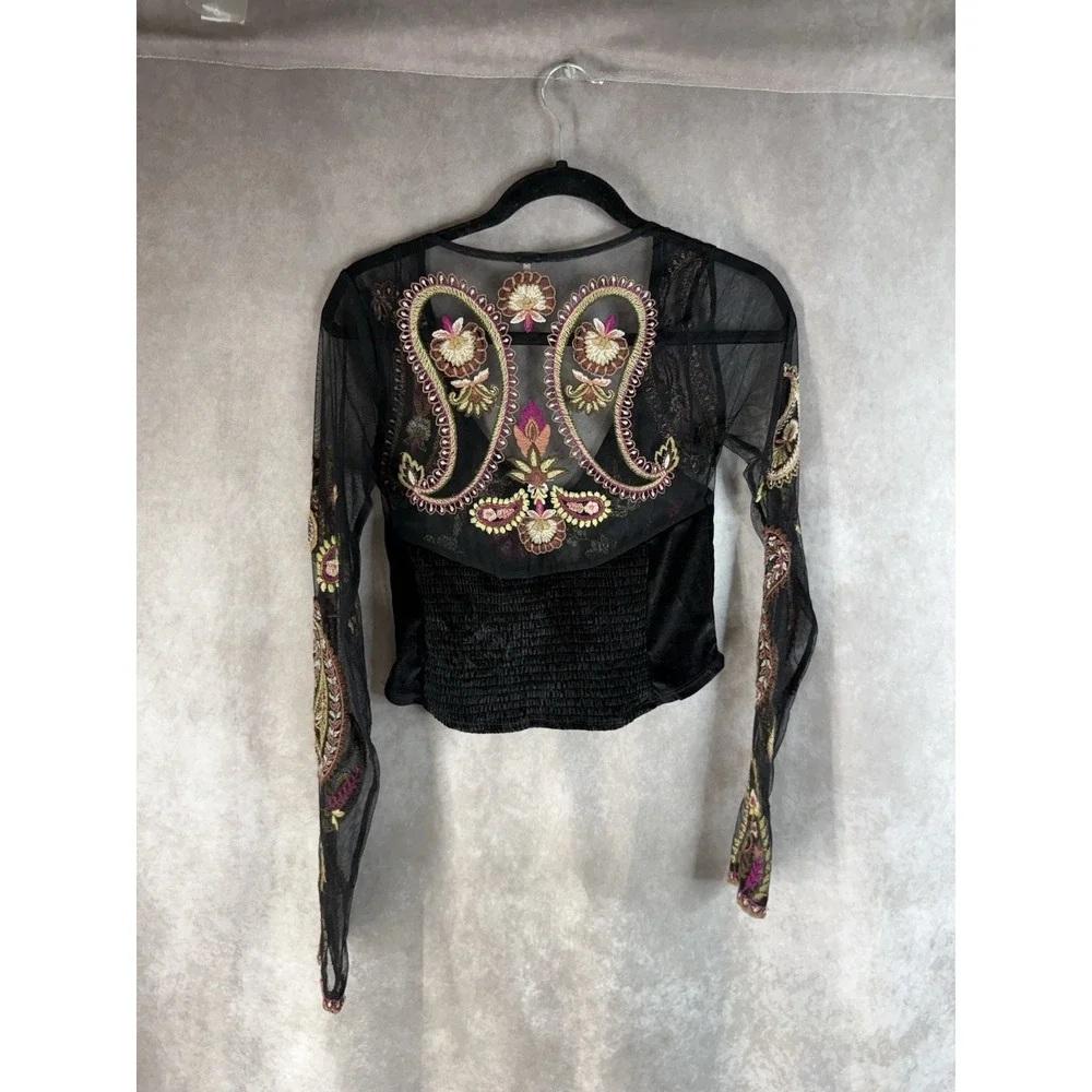 Free People Velvet Florence Embroidered Mesh Long Sleeve Top In Black Size S